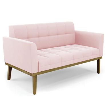 Imagem de Sofá Namoradeira Base Madeira Castanho Ana Suede Rosa Bebê - Ibiza