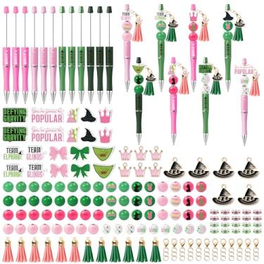 Imagem de BHronony Conjunto de 12 canetas esferográficas de bruxa de Halloween, rosa, verde, faça você mesmo, com miçangas, artesanato, para crianças, princesa, coroa, caneta, borla, suprimentos para festas