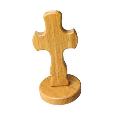 Imagem de Bothyi Cruz de mesa decorativa em madeira com suporte, compacta e elegante, ideal para decoração religiosa em casamentos, armários e mesas, Base Redonda