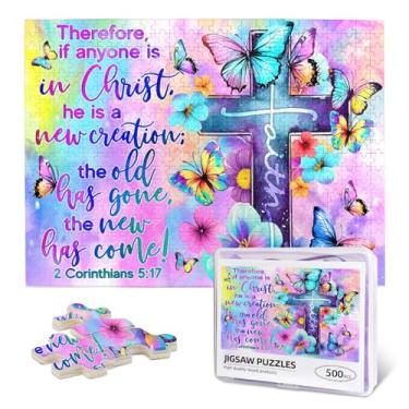 Imagem de Christian Jigsaw Puzzles 500 Pieces for Adults, New Creation in Christ Butterfly Cross with 2 Corinthians 5:17, Uplifting Wooden Puzzle, Faith-Based Gift