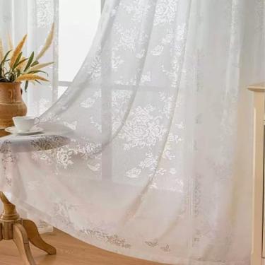 Imagem de WUBODTI Cortinas de privacidade brancas não transparentes que deixam a luz entrar para a sala de estar, cortina flitering semitransparente com estampa floral de borboleta, 203 cm de comprimento, 2