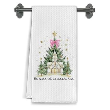 Imagem de Elefeltclave Toalhas de cozinha de Natal cristãs, laço rosa, prato de árvore de Natal, toalhas de chá para decoração de cozinha, Oh, venha, vamos adorá-lo, toalha de mão decorativa religiosa para