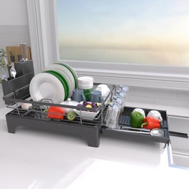 Imagem de ZXICEU Escorredor de pratos - Escorredor de pratos expansível, escorredor de pratos com gaveta, suporte de utensílios, suporte de copo e escorredor