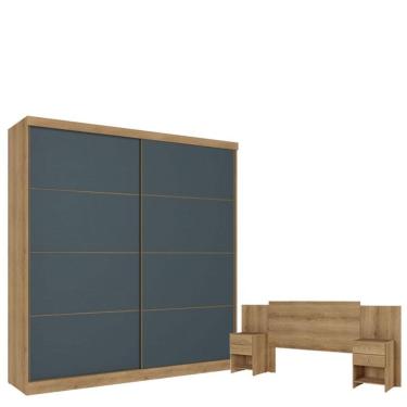 Imagem de Guarda Roupa Casal Malaga 2 Portas Capuccino Azul E Cabeceira Com Mesas De Cabeceira Formosa Capuccino  - Thb