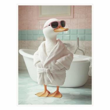 Imagem de Arte de parede de banheiro de pato engraçado - impressão em tela de banheiro de animal fofo - Pato peculiar vestindo óculos - decoração de banheira divertida - arte caprichosa de casa de fazenda - 28