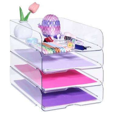 Imagem de EXOFC Organizador empilhável de papel para cartas, pacote com 4 porta-arquivos de mesa transparente para papel, organizador de escritório para documentos A4, livros, iPad