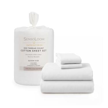 Imagem de SensoLoom Jogo de lençol 100% algodão – Tecido acetinado nítido, respirável e resistente ao desbotamento – Lençóis macios e frescos para pessoas com sono quente – Twin/Queen/King (Frost White, Queen