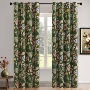 Imagem de XiDi Cortinas vintage com estampa floral blackout 250 cm de comprimento, 2 painéis para quarto, cortinas luxuosas com isolamento térmico com design de folha botânica com ilhós, cortinas BF-verde musgo