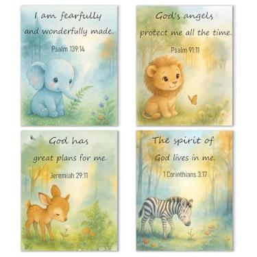 Imagem de Noalevia Conjunto de pôsteres de parede de animais de berçário - Decoração de parede com tema de verso bíblico, imagens de animais cristãos, arte de parede para crianças, berçário, quarto, sala de