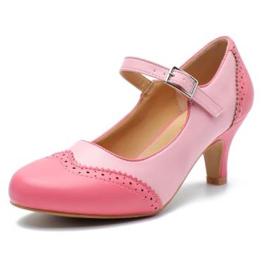 Imagem de Rjclyh Sapato social feminino Mary Jane duplo tom Oxford confortável salto baixo gatinho retrô tira no tornozelo bico redondo, rosa, 39