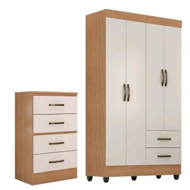 Imagem de Kit Guarda-roupa Solteiro 4 Portas E Cômoda 4 Gavetas Lisa Nature/off White