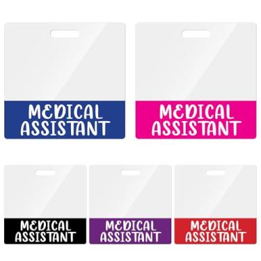 Imagem de Toykee Pacote com 5 porta-cartões de crachá de assistente médico - Acessórios MA horizontais azul rosa roxo vermelho preto cores nome de identificação PVC transparente etiquetas de identificação para