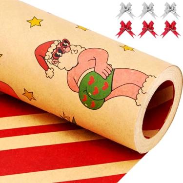 Imagem de EWES Papel de embrulho de Natal Kraft marrom conjunto de rolos engraçados vintage Papai Noel para crianças, lençol de embrulho grosso de desenho animado exclusivo, retrô, resistente, reversível