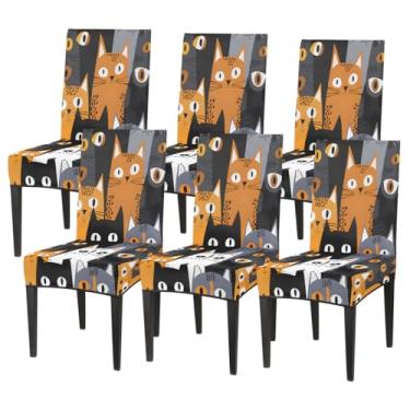 Imagem de hongjinglin Conjunto de 6 capas elásticas para cadeira de sala de jantar, capa protetora de assento de gato, engraçada, removível, lavável, para cozinha, casa, hotel, banquete, festa de casamento