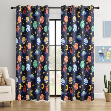 Imagem de BOHOMOCASA Cortinas blackout Kids Space Rockets - 100% blackout, isolamento térmico, redução de ruído, perfeitas para quarto de crianças e berçário, 2 painéis (cor foguetes pop, L52×C84)