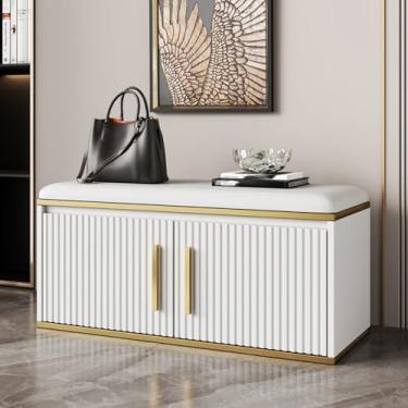 Imagem de Yadlan Banco de sapato moderno, armazenamento de banco de entrada com almofada de assento acolchoada, prateleira ajustável, banco de armazenamento de sapatos para entrada, sala de estar, quarto branco