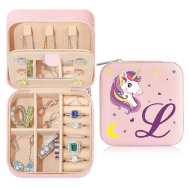 Imagem de Caixa de joias de viagem organizadora para presentes pequena fofa personalizada presente de aniversário natal para filha anel colar brinco caixa organizadora rosa letra A-Z