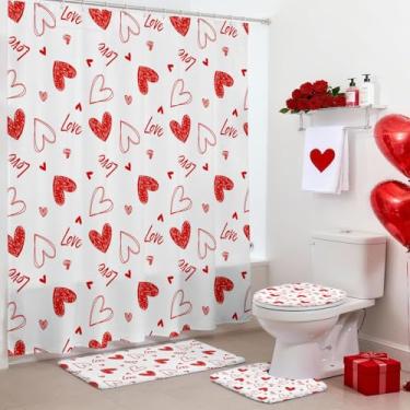 Imagem de Lindameler Conjunto de 4 peças de cortina de chuveiro para dia dos namorados, cortina de chuveiro coração vermelho com tapetes de banho laváveis antiderrapantes, tampa de vaso sanitário, coração