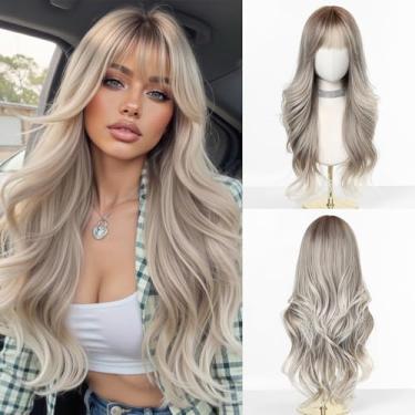 Imagem de Esmee Perucas loiras longas onduladas para mulheres com franja peruca de cabelo sintético natural ombré para uso diário e festa