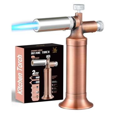 Imagem de Ravs Tocha de butano, cobre puro, maçarico de cozinha rosa com trava de segurança, tocha creme brulee modo de chama dupla com chama ajustável, maçarico para cozinhar, presentes para mulheres e homens