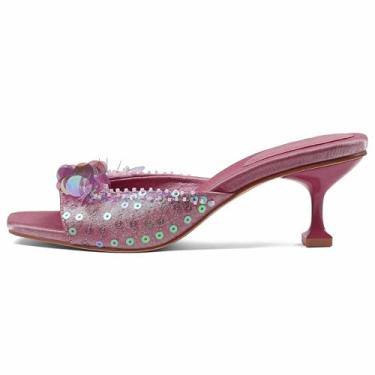 Imagem de Mattiventon Salto gatinho feminino confortável salto agulha mulle lantejoulas aberto bico quadrado sem cadarço sandálias modernas festa de formatura casamento e férias, Roxa, 35