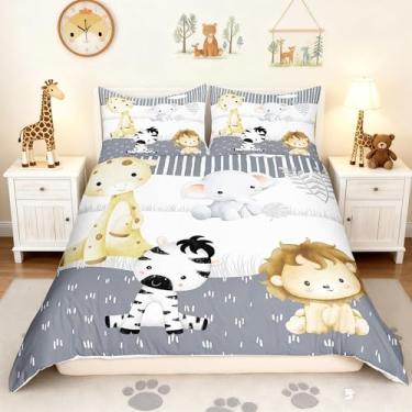 Imagem de Castle Fairy Jogo de cama adorável animais fofo elefante capa de edredom para crianças, adolescentes e mulheres, decoração de quarto zebra e girafa, respirável, cinza, branco, tamanho casal, 203 x 233