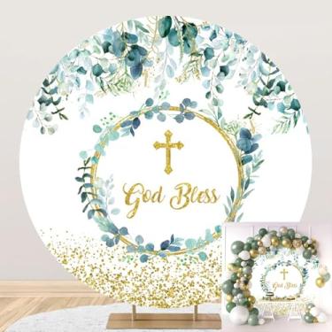 Imagem de 2,2 x 2,2 m God Bless capa de fundo redondo verde folha de eucalipto círculo fundo para fotografia primeira comunhão festa decoração páscoa batismo círculo pano de fundo infantil chá de bebê cabine de