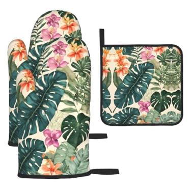 Imagem de Folhas de palmeira tropicais de verão havaiano – Conjunto de cozinha essencial com 3 peças, luvas resistentes ao calor e aderência da tampa, proteção para churrasco no forno, design de armazenamento