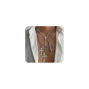 Imagem de Colar com pingente de cruz grande em camadas, dourado, prata, cruz, cristal colorido, pérola, miçangas, colar em Y, acessórios para festa punk, presente para mulheres, Large, Metal, Sem Pedra Preciosa