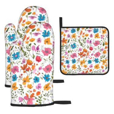 Imagem de Borboletas românticas e extravagantes de pássaros florais – Conjunto de cozinha essencial com 3 peças, luvas seguras para calor, proteção para churrasco no forno, design de armazenamento suspenso.