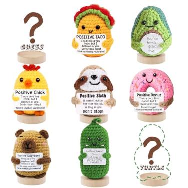Imagem de UNCLEM Conjunto de 9 peças de mini pepitas de suporte emocional positivo, animais de crochê, batata, picles, lixeira, tartaruga, fogo, taco, frango, presentes de aniversário para mulheres, homens, ele