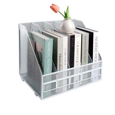 Imagem de HMXLJJY Suporte de arquivo de revista A4 de metal, 5 seções, suporte de documentos de escritório para mesa, organizador de papel, 5 compartimentos, (branco)