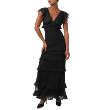 Imagem de Lulus Vestido longo feminino de renda Nyra com babados, Preto, P
