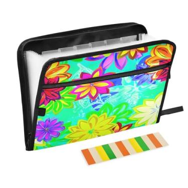 Imagem de CEBUGI Pasta expansível de 13 bolsos, impermeável, sanfonada, organizador de arquivos com etiquetas tamanho A4, organizador de documentos de papel para escola, material de escritório, floral, colorido