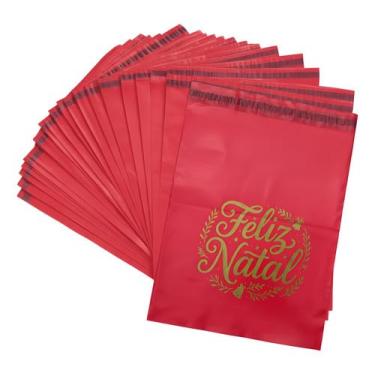 Imagem de Envelope de Segurança Natalino, Hi Pack, Plástico, Vermelho com Tema Feliz Natal, Diversos Tamanhos, Auto Vedação, Retangular, 50 Unidades, para Comércio Eletrônico Ecommerce (35x45cm)