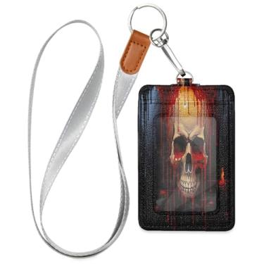 Imagem de Wassud Porta-crachá de couro PU de caveira de Halloween com cordão, porta-cartão de identificação para trabalho, cordão de pescoço com compartimentos para cartões de crédito, funcionários, estudantes