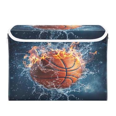 Imagem de YETTASBIN Cesta de armazenamento de basquete com tampa e alças, grandes caixas de armazenamento de tecido dobráveis organizador de armazenamento resistente para prateleiras, armário, quarto, escola