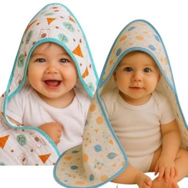 Imagem de Kit 2 Toalhas de Banho com Capuz para Bebê Tecido Fralda Soft Enxoval 100% Algodão Menino Menina (Menino Sortido)