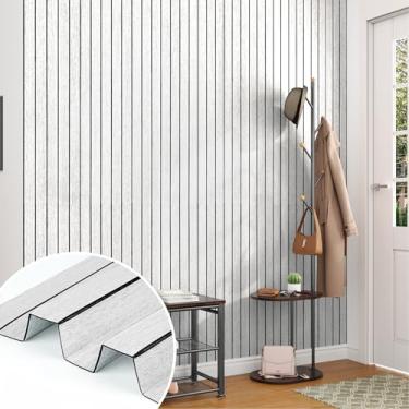Imagem de EPPKILY Painel de parede de ripas de madeira cinza branco 3D papel de parede descasque e cole painéis acústicos de madeira autoadesivos à prova d'água para quarto, sala de estar, armários, forro