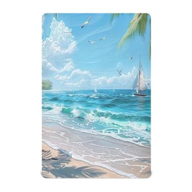 Imagem de xigua Lençol de berço bonito com cenário de praia para meninas e meninos, lençol macio e respirável adequado para berço padrão e cama infantil 71 x 132 cm