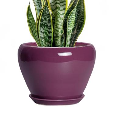 Imagem de Ceramicfor Vaso de cerâmica - Vaso interno de 20 cm com orifício de drenagem e pires, vaso decorativo esmaltado, vaso de flores redondo, presentes para amantes de plantas, decoração de jardim e