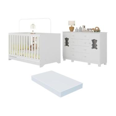 Imagem de Berço Americano 3 em 1 com Colchão Incluso e Cômoda 2 Portas 4 Gavetas Fofura Multimóveis Mp4736 Branco