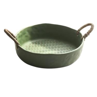 Imagem de Fruteira Fruteira de cerâmica com alças de rattan, textura em favo de mel, travessa decorativa para servir na cozinha e sala de jantar. Decoração de mesa(Green,Grande)