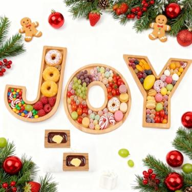 Imagem de Joy Christmas Tabuleiros de Charcutaria Letras Pacote com 5 Placas de Charcutaria de Madeira Joy 29 cm Bandejas de Letras de Madeira para Lanche de Natal com Pratos de Molhos para Bolachas de Frutas
