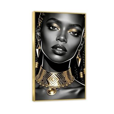 Imagem de SDYJ6GSW Arte de parede em tela de mulher afro-americana em ouro preto com estampa de pôsteres de fotos de meninas negras decoração de parede para quarto sala de estar decoração de casa 60 x 100 cm