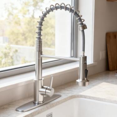 Imagem de SevenGelok Torneira de cozinha com pulverizador de puxar para baixo SUS304 aço inoxidável arco alto níquel escovado torneiras de pia de cozinha utilitário lavanderia fazenda trailer moderno para pia