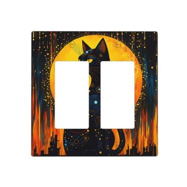 Imagem de Indokyeyqaz Placa decorativa de parede para interruptor de luz dupla lua dourada gato preto, 2 placas de interruptor e capas de tomada 11,7 x 11,4 cm para quarto, banheiro, cozinha, decoração de casa