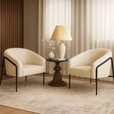 Imagem de Poltrona Sala Industrial Alta Preto Kit 2 Stella Linho Bege D03 - D'ro