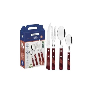 Imagem de Conjunto 24 Peças Talheres Cabo Tipo Madeira, Aço Inox, 6 Garfos, 6 Facas Churrasco, 6 Colheres Mesa, 6 Colheres Sobremesa