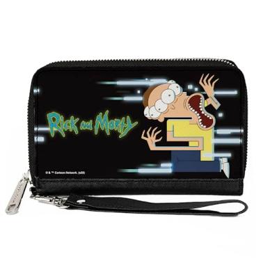 Imagem de Buckle-Down Carteira Rick and Morty, zíper ao redor, pose de glitter de corpo inteiro Morty e logotipo do título, preto, couro vegano